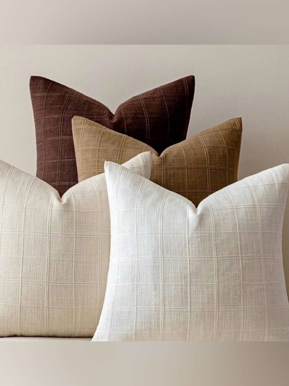 Neutral Plaid Textured Accent Pillow Covers- Cream, Tan, Brown, and Taupe.